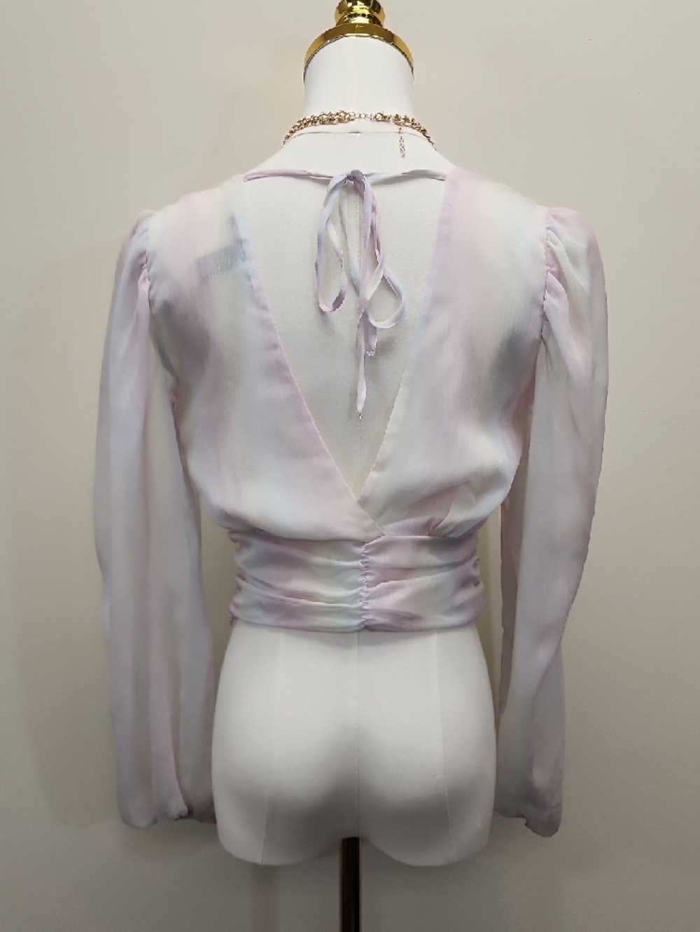 Forever 21 Sheer Pastel Blouse Ruched Waist Puff Sleeve V Neck Size Small - Picture 3 of 10